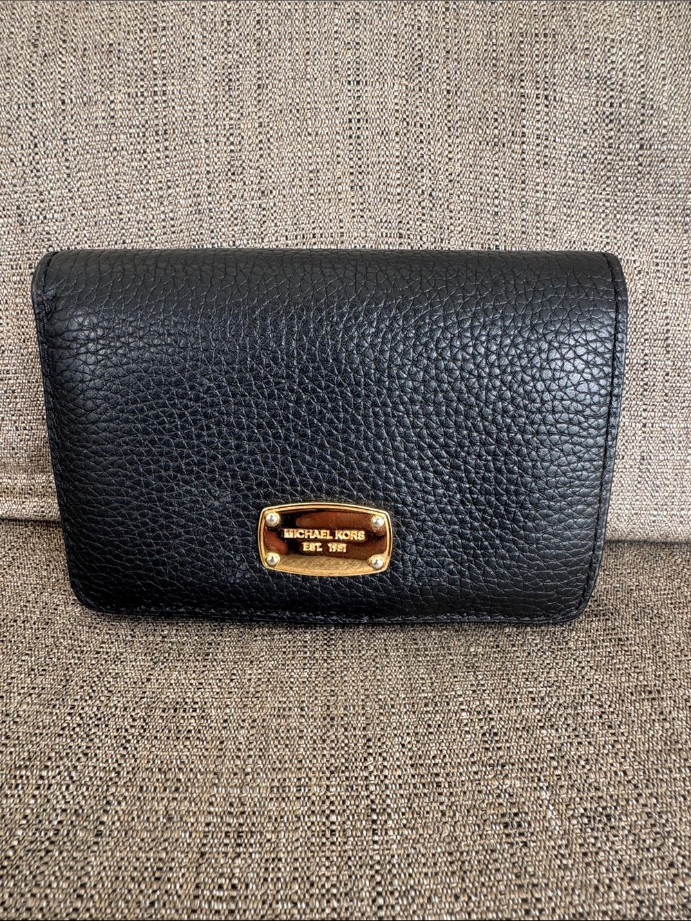 Michael Kors Black Pebbled Leather Clutch Wallet with Gold Plate